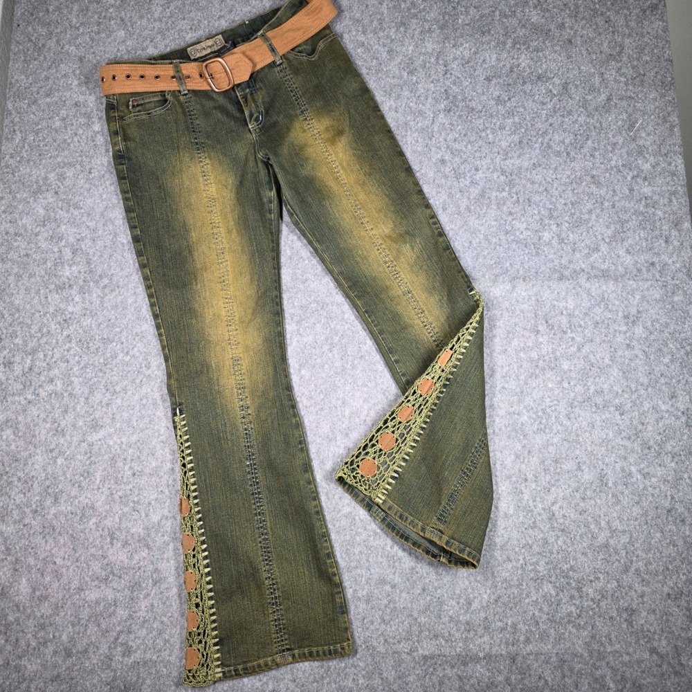 Vintage Crest Crochet Jeans Flare Dirty Wash Belt Knit Side Y2K Festival 13 / 14